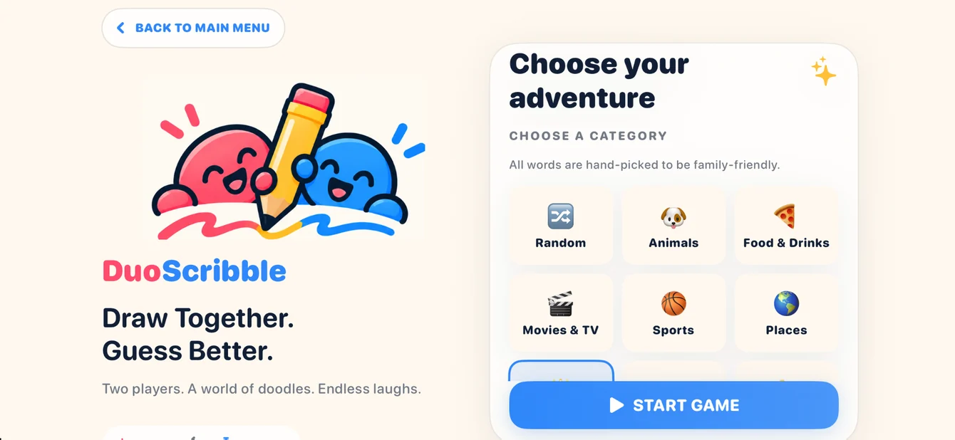 Game category selection with colorful icons